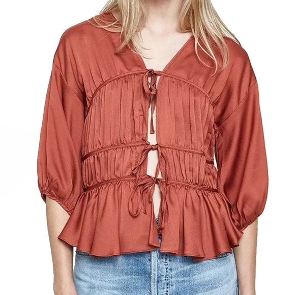 Farrow Tops - Brick red ruched tie up vintage vibe blouse top